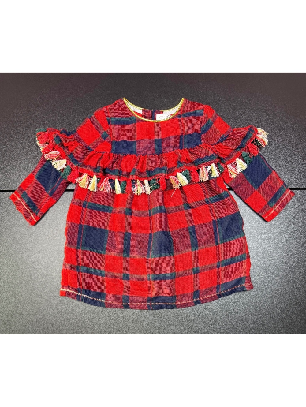 Mud Pie Baby Tartan Plaid Tassel Dress 6-9M Christmas Holiday Red Ruffle